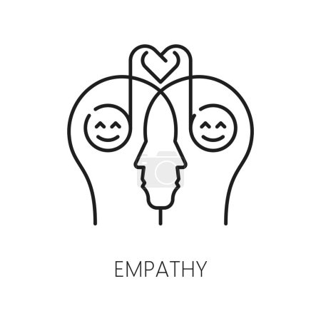 Ilustración de La empatía, el problema psicológico y el icono de salud mental en el esquema vectorial. Psicología y mente humana símbolo de empatía mutua, sonrisas felices y corazón en cabeza cerebro en icono lineal - Imagen libre de derechos