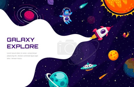Illustration for Galaxy explore. Flying rocket, cartoon alien and ufo in starry space. Vector background, interstellar travel banner. Rocket spaceship launch, extraterrestrial astronaut, and white smoke trail frame - Royalty Free Image
