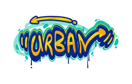 Illustration for Urban word graffiti in street art paint airbrush or spray lettering artwork, vector text. Graffiti word Urban with yellow blue paint leak drips on wall, hipster and street art letters with arrows - Royalty Free Image