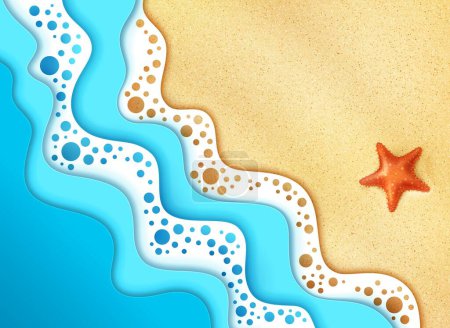 Ilustración de Bandera cortada con papel de olas marinas con arena y estrellas de mar en la playa o la orilla del océano, fondo vectorial. Océano de verano olas de playa en la playa con estrellas de mar en la arena, dibujos animados mar tropical en capas de papel cortado - Imagen libre de derechos