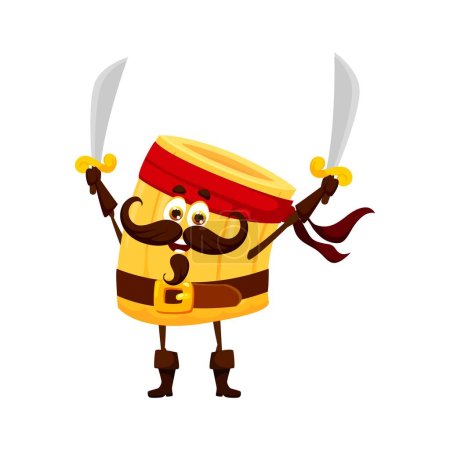 Illustration for Cartoon ditalini italian pasta pirate and corsair character. Isolated vector culinary adventurer armed with sabers, sailing the high seas in search of delicious treasure. Traditional cuisine of Mexico - Royalty Free Image