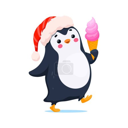 Illustration for Cartoon cute funny penguin character wearing Santa Claus hat enjoying a tasty ice cream cone treat. Isolated vector adorable baby bird with tasty dessert celebrates Christmas. Funny and cute personage - Royalty Free Image