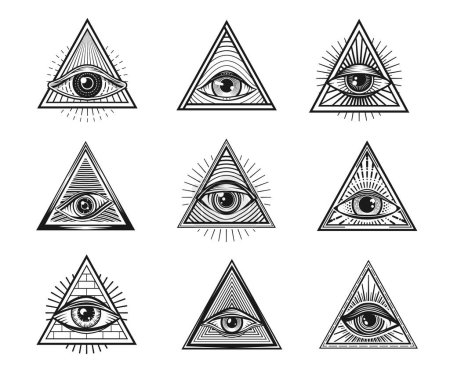 Téléchargez les illustrations : Yeux Illuminati avec pyramide maçonnique. Symbole de providence triangle, tatouage occulte. Symbole vectoriel dessiné à la main, tatouage ésotérique et occulte gravé ou sceaux mystiques sertis d'yeux en pyramide - en licence libre de droit