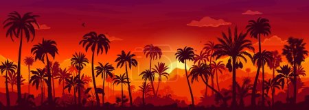 Illustration for Tropical jungle sunset in forest, landscape silhouette or nature scenery, vector background. Red sun in jungle palm trees, sunset in Amazon, Asia or Africa with mountain rocks and clouds in sky - Royalty Free Image