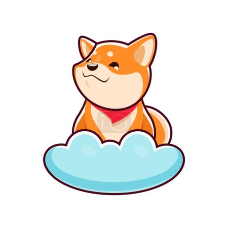 Illustration for Cartoon kawaii cute pet shiba inu dog and puppy character perched on a fluffy cloud. Adorable vector japanese pup exuding charm with its innocent eyes and playful expression, pure joy and innocence - Royalty Free Image