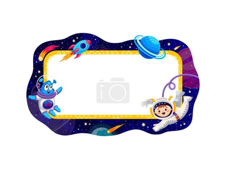 Illustration for Border frame with space planets, stars and spaceship at starry galaxy, vector copy space background. Kid astronaut spaceman and cartoon alien martian in space journey adventure and galaxy exploration - Royalty Free Image