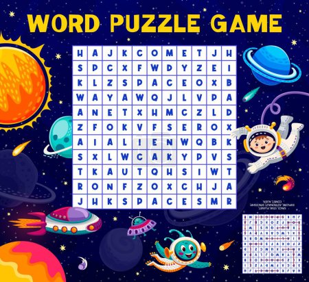 Illustration for Space word search puzzle game. Vocabulary puzzle, crossword quiz vector worksheet, word search riddle with child and alien astronauts happy characters in outer space, rocket and Solar System planets - Royalty Free Image