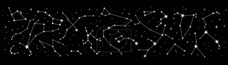 Téléchargez les illustrations : Bordure de constellation d'étoiles ou carte du ciel nocturne, astrologie mystique, astronomie et fond vectoriel ésotérique. Constellation d'étoiles dans la galaxie spatiale, signes du zodiaque dans le ciel pour tarot ou horoscope astrologique - en licence libre de droit