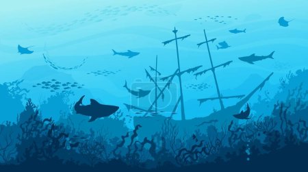 Téléchargez les illustrations : Requins marins, navires coulés et silhouettes de bancs de poissons dans le paysage sous-marin, fond vectoriel. Récif corallien sous-marin ou paysage océanique avec bateau coulé, raie marine et requins en eau bleu profond - en licence libre de droit