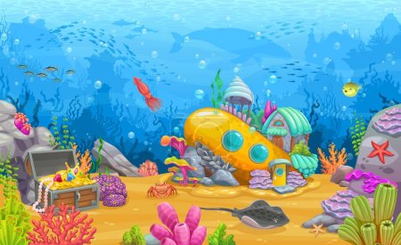 Sunken submarine house and treasure chest at underwater sea bottom landscape, cartoon vector. Fairytale undersea house in sunken bathyscaphe in deep ocean with fishes, whale and stingray with starfish