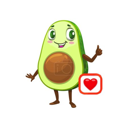 Illustration for Cartoon Mexican avocado character with love heart emoji and thumb up, vector emoticon. Cute avocado with smile face and heart like or love icon, kids funny food personage - Royalty Free Image