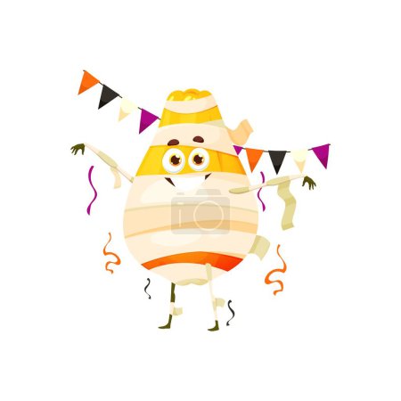 Illustration for Cartoon funny Halloween papaya fruit character in holiday costume of mummy. Isolated vector comical tropical food personage embodies fruity humor with its bandage-wrapped charm and mischievous grin - Royalty Free Image