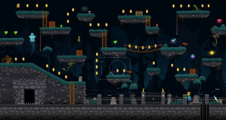 Illustration for Arcade Halloween cemetery game level map interface. Platform and ghosts, zombie and coins, tomb stones and graves. Cartoon vector ui parallax background with night graveyard, monsters and assets - Royalty Free Image
