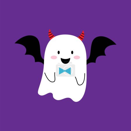 Illustration for Cartoon Halloween kawaii ghost character dons cute devil horns, wings and a playful bow tie for a whimsical party look. Adorable vector spook combining funny elements for a charming and unique costume - Royalty Free Image
