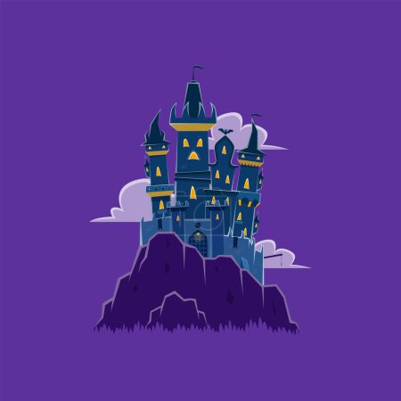 Illustration for Halloween castle stands atop a rugged rock, its ominous silhouette against the moonlit cloudy sky, beckoning brave souls to explore mysteries, its ancient stone walls whisper tales of ghostly legends - Royalty Free Image