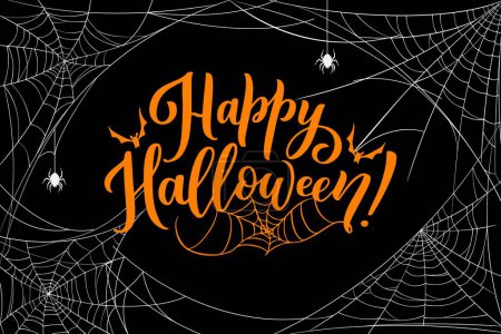 Illustration for Halloween cobweb with spiders. Orange vector typography with bats and creepy spiders on black background with tangled spiderweb frame. Party poster with scary script and spooky celebratory design - Royalty Free Image