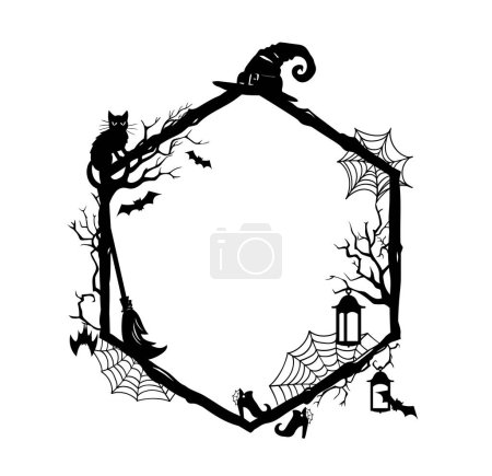 Illustration for Halloween holiday black frame with silhouettes of cobwebs, witch hat and boot, broomstick, black cat, lantern and flying bats. Isolated vector decorative hexagonal border or vignette with spooky decor - Royalty Free Image