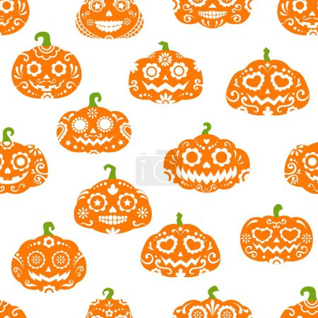 Illustration for Halloween party mexican pumpkin spooky characters seamless pattern. Vector tile background. Dia de muertos holiday calaca gourd faces with ornament, eyes and toothy smiles, decorated jack-o-lanterns - Royalty Free Image
