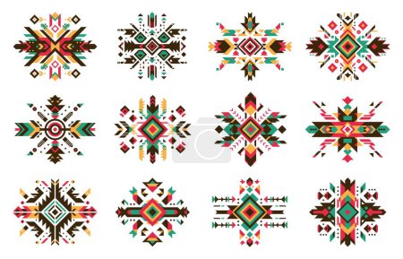 Téléchargez les illustrations : Modèle ethnique aztèque ou navajo-mexicain tribal. Ensemble vectoriel isolé d'échantillons, de motifs et d'ornements de broderies traditionnelles, reflétant le riche patrimoine culturel et l'art indigène du Mexique - en licence libre de droit
