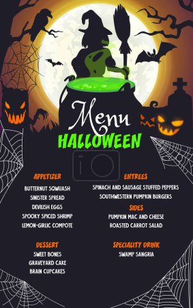Illustration for Halloween menu page with witch cauldron and holiday characters, cartoon vector. Halloween horror festival menu for drinks, desserts and dishes with spooky pumpkin lanterns and witch with potion pot - Royalty Free Image
