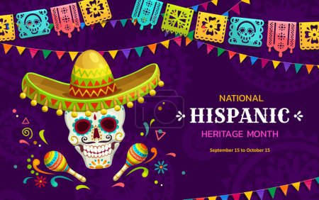 Illustration for Papel picado flags and calavera skull with maracas, national hispanic heritage month festival banner. Vector background for celebration annual event honoring cultural contribution of spanish community - Royalty Free Image