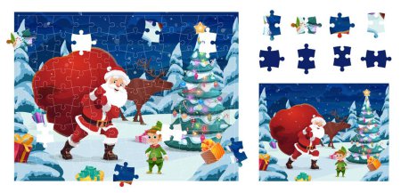 Illustration for Christmas game jigsaw puzzle pieces, cartoon Santa with gifts bag in snowy forest, vector holiday entertainment. New Year or Christmas game to assemble jigsaw puzzle pieces with Santa, deer and elf - Royalty Free Image