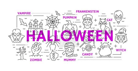 Illustration for Halloween line art banner with holiday characters, spooky monsters and boo creatures, vector background. Halloween horror night holiday scary pumpkins, zombie and mummy, witch with vampire and ghosts - Royalty Free Image