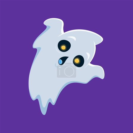 Illustration for Halloween ghost character with wide glowing eyes on a mischievous face and raised arms playfully saying boo, while trying to frighten. Isolated cartoon vector charming, spooky and adorable spirit - Royalty Free Image