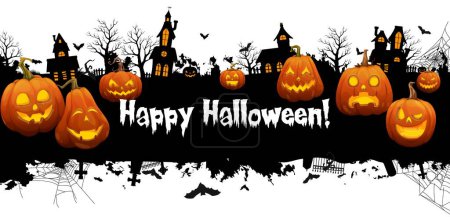 Illustration for Halloween town landscape with danger pumpkins, trick or treat night cemetery and haunted houses. Vector silhouettes of Halloween holiday pumpkins, bats and cobweb, tombstones, trees and fences border - Royalty Free Image