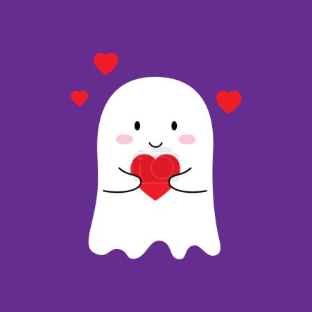 Illustration for Cartoon Halloween kawaii ghost character clutching a heart. Isolated vector charming spectral figure express love emotion with a playful innocence, blending spooky with the adorable enchanting display - Royalty Free Image