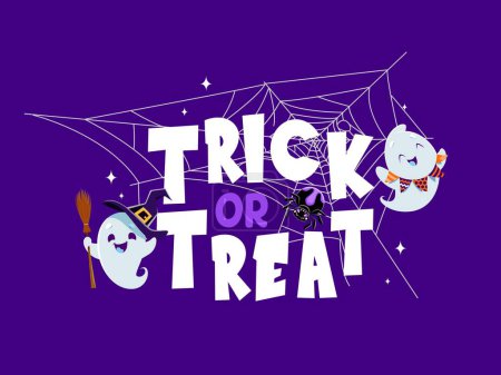 Illustration for Halloween kawaii ghosts on spider cobweb, trick or treat vector banner for holiday. Halloween horror night party background with cute spooky ghoul ghost in witch hat with broom and spider in spiderweb - Royalty Free Image