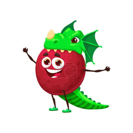 Illustration for Cartoon funny Halloween mangosteen fruit character in holiday costume of dragon. Isolated vector whimsical personage blending fruity charm with mythical fun, during spooky carnival celebration fun - Royalty Free Image