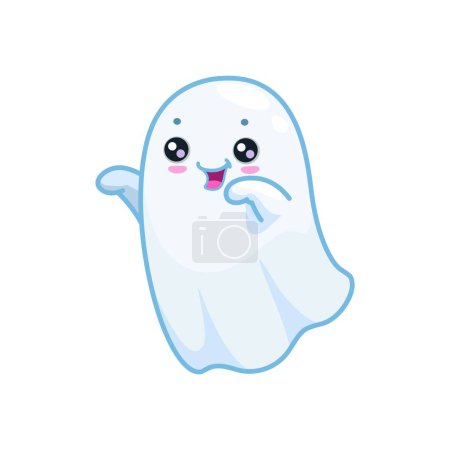 Halloween kawaii cute ghost character with mischievous face and raised arms playfully saying boo, while trying to frighten. Cartoon vector charming, spooky and adorable spirit flying at holiday night
