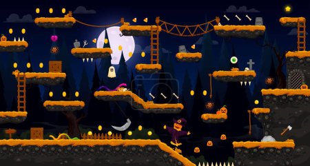 Illustration for Arcade Halloween midnight horror game level map interface. Platform, stairs and coins, bonuses. Vector eerie night cartoon parallax background with spooky ghosts, moon, forest tree silhouette, assets - Royalty Free Image