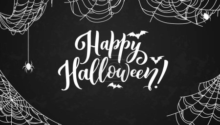 Illustration for Happy Halloween black banner with flying bats, spiders and cobweb for holiday horror, vector background. Happy Halloween and trick or treat party dark banner with creepy spooky spiders on spiderweb - Royalty Free Image