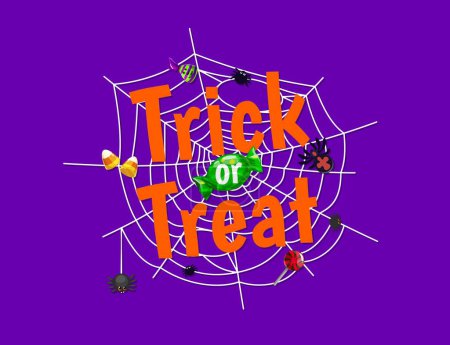 Illustration for Trick or treat Halloween banner with spiders and sweets in cobweb. Vector purple background with spooky and intricate spiderweb, candy, corns, truffle and truffle desserts with eerie arachnids - Royalty Free Image