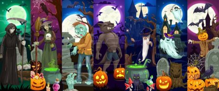 Illustration for Cartoon Halloween holiday scary monster characters, pumpkin and witch, vector banners. Halloween horror night spooky dead zombie and wizard with potion cauldron, death and ghosts on cemetery - Royalty Free Image