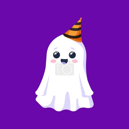 Illustration for Halloween kawaii ghost character wearing striped festive hat. Isolated cartoon cute vector phantom, smiling spook adding a delightful touch of whimsy and spookiness to the holiday seasonal festivities - Royalty Free Image