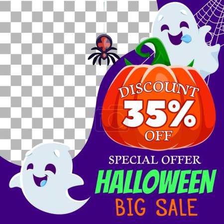 Illustration for Halloween holiday sale banner with spider, kawaii ghosts and cobweb. Vector spooky Halloween trick or treat night pumpkin, spiderweb and flying ghosts characters special offer or discount promo flyer - Royalty Free Image