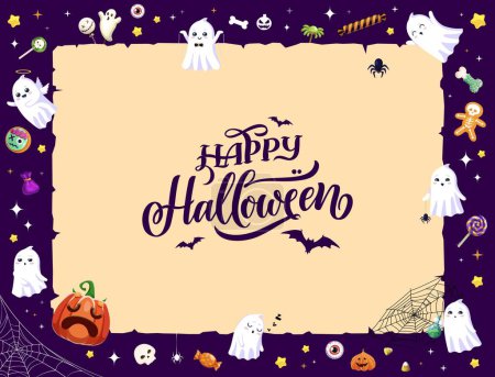 Ilustración de Dibujos animados kawaii Fantasmas de Halloween en torno al pergamino de papel de felicitación de vacaciones. Vector fantasmas espeluznantes y personajes de calabazas, truco o tratar caramelos, calaveras, arañas y marco de fondo telaraña, pergamino viejo - Imagen libre de derechos
