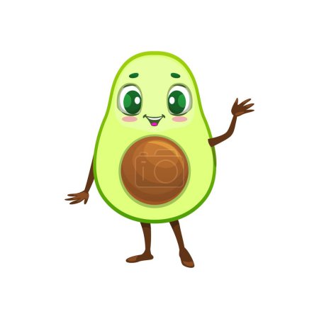 Illustration for Cartoon Mexican cheerful avocado character with smile and waving hand, vector emoji or kawaii emoticon. Cute avocado with welcome gesture and half cut seed for kids food personage - Royalty Free Image