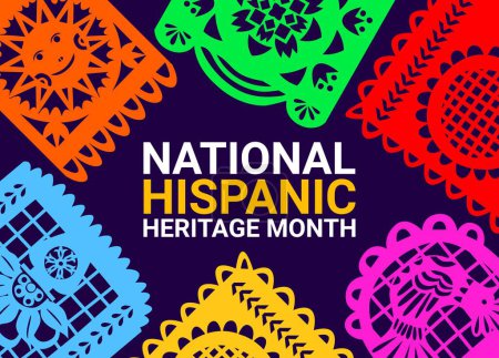 Illustration for Papel picado paper cut flags on national hispanic heritage month banner. Vector background adorned with colorful garland, announcing annual event which celebrate rich culture of Spanish communities - Royalty Free Image