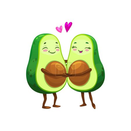 Illustration for Cartoon Mexican avocado character couple in love with hearts, vector emoji or kawaii emoticon. Happy avocado couple or friends holding by hands with hearts, kids cheerful avocado food personages - Royalty Free Image