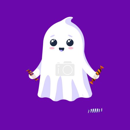 Téléchargez les illustrations : Dessin animé Halloween kawaii personnage fantôme tenant des bonbons. Personnage isolé de bébé fantôme vecteur avec un sourire amical, prêt à partager des friandises de dessert et à répandre la douceur à la fête de bonbons ou de bonbons - en licence libre de droit