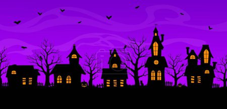 Illustration for Halloween town landscape with trick or treat night city street houses. Vector silhouettes of Halloween holiday homes, spooky pumpkin lanterns with lights, scary bats, trees, witch cat and crows - Royalty Free Image