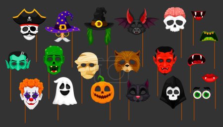 Illustration for Halloween photo booth masks and props, isolated cartoon vector faces, hats, eyes and mouths. Witch, pumpkin, bat, devil, skull and zombie with ghost, monster brain and clown and mummy with black cat - Royalty Free Image