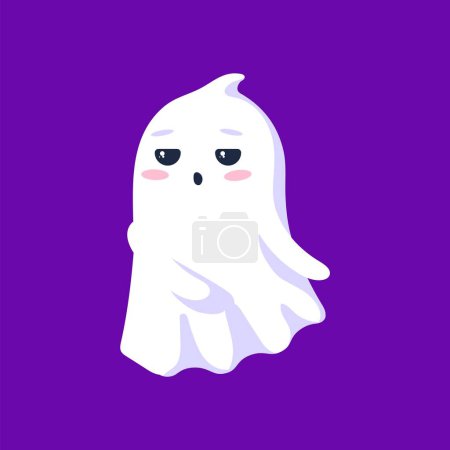 Illustration for Halloween kawaii ghost with rosy cheeks and a mischievous face, floats playfully, radiating an endearing and friendly aura, saying boo. Isolated cute vector spook personage wander at holiday night - Royalty Free Image