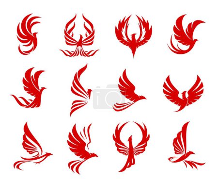 Icono de ave fénix roja con alas de fuego y plumas en llamas. Vector fenix firebird, águila roja, halcón o halcón volando con las alas levantadas. Conjunto de siluetas de ave fénix de fantasía para tatuaje o heráldica