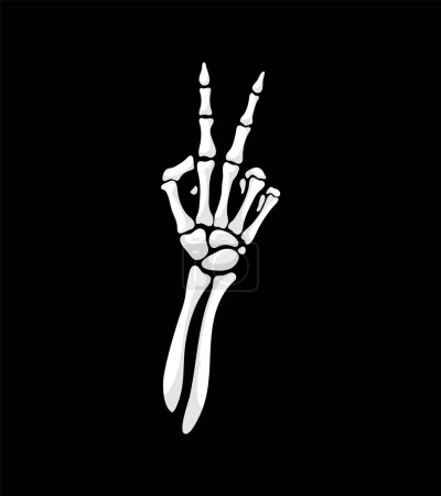 Ilustración de Esqueleto de la mano formando el icónico V para el gesto de victoria. Brazo esquelético vectorial aislado con los dedos óseos extendidos, que simboliza el triunfo y el éxito con misterioso encanto de Halloween - Imagen libre de derechos