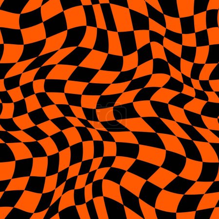 Illustration for Halloween optical psychedelic seamless pattern or curvy wavy background, vector black and orange checkered mosaic. Halloween horror night holiday background with optical illusion hypnotic pattern - Royalty Free Image